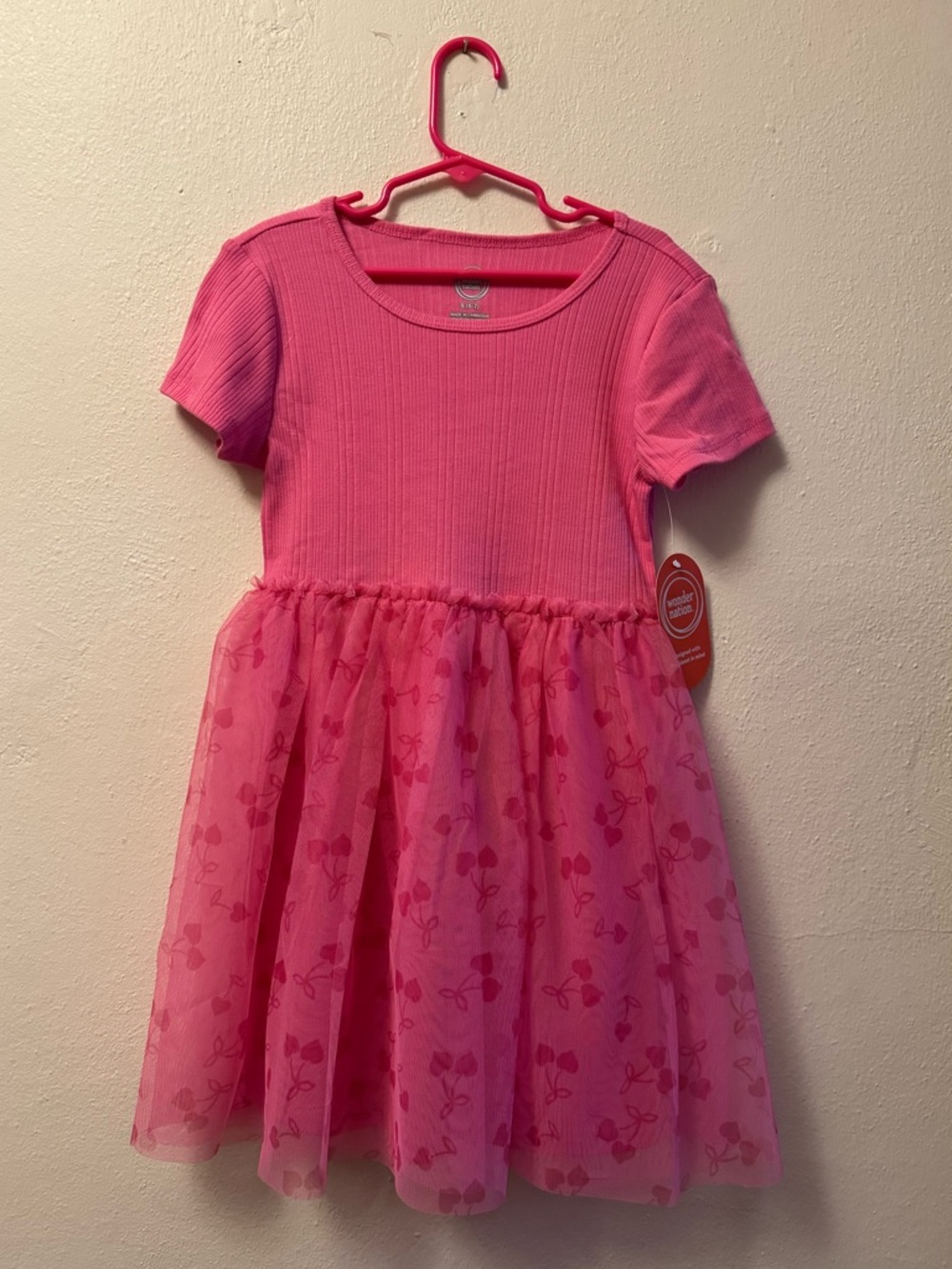 NWT Wonder Nation Pink Cherry Tutu Dress Size 6-7 Ribbed Tulle Play Dress